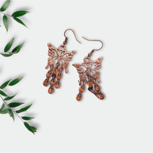 Vintage Copper Butterfly earrings with faux gemstones - Picture 4 of 5